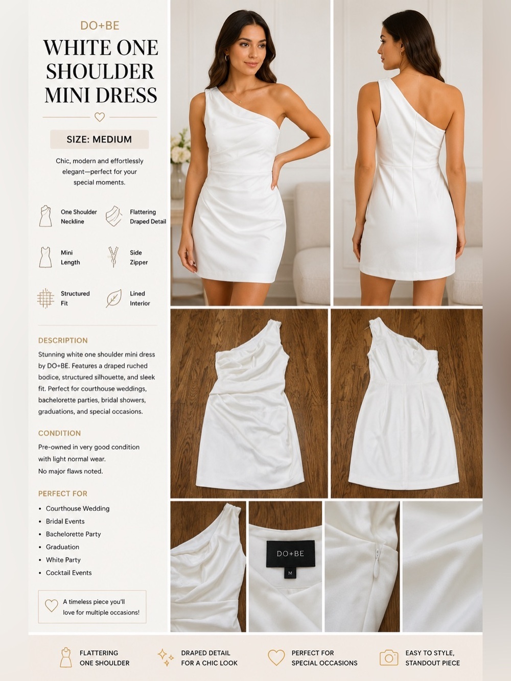 White One Shoulder Graduation , Bachelorette Mini Dress Size Medium
